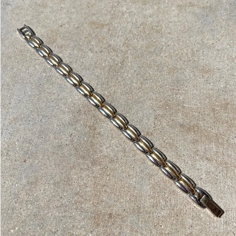 Two Tone Reversible Link Bracelet Gold Silver‎ Tone Fold Over Clasp 7.75 Inch